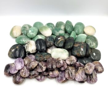 Cacoxenite “Super Seven”, Bahia Jasper & Green Quartz Palmstones - Bulk Sale