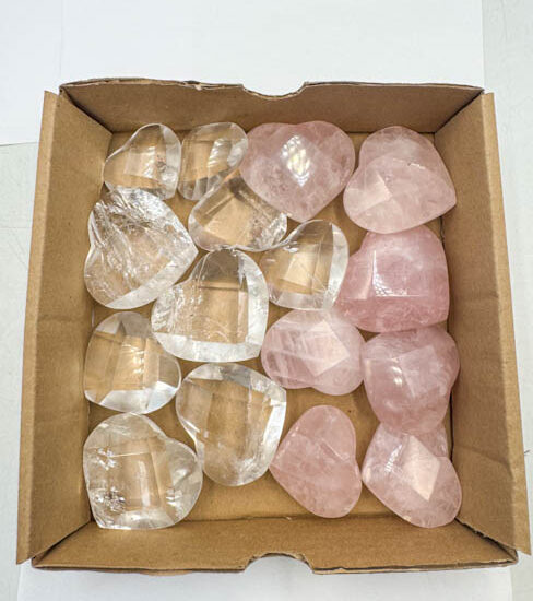 Clear & Rose Quartz Faceted Hearts (16 pieces lot)