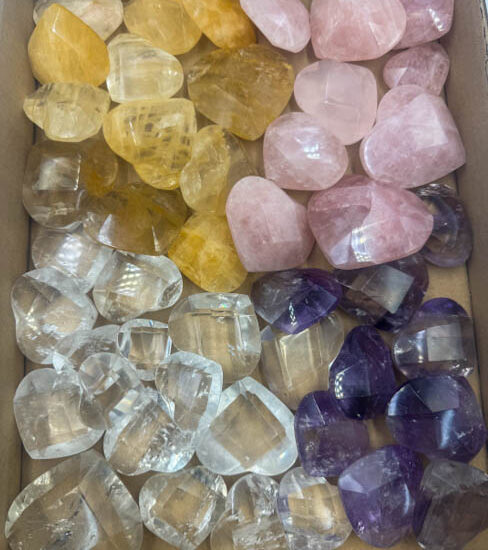 Amethyst, Hematoid, Clear & Rose Quartz Faceted Hearts (46 pieces lot)