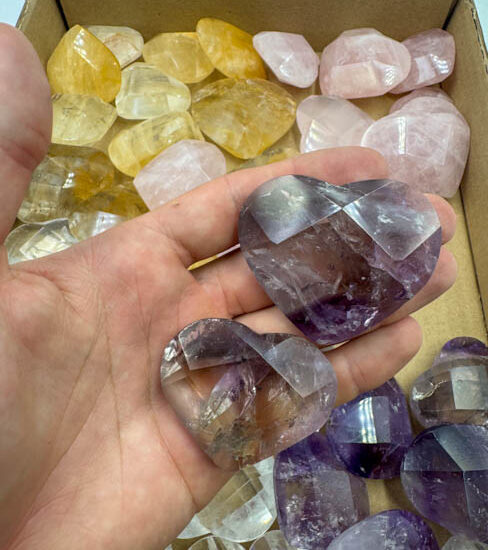 Amethyst, Hematoid, Clear & Rose Quartz Faceted Hearts (46 pieces lot)