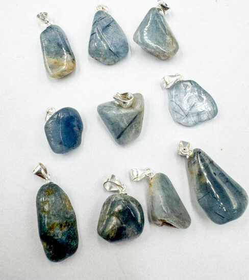 Blue Tourmaline in Quartz Tumbled Pendants (Sterling Silver)