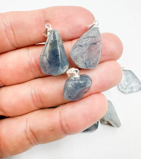 Blue Tourmaline in Quartz Tumbled Pendants (Sterling Silver)