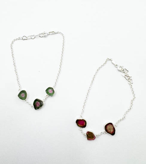 Watermelon Tourmaline 3-Stone Bracelets (Sterling Silver)