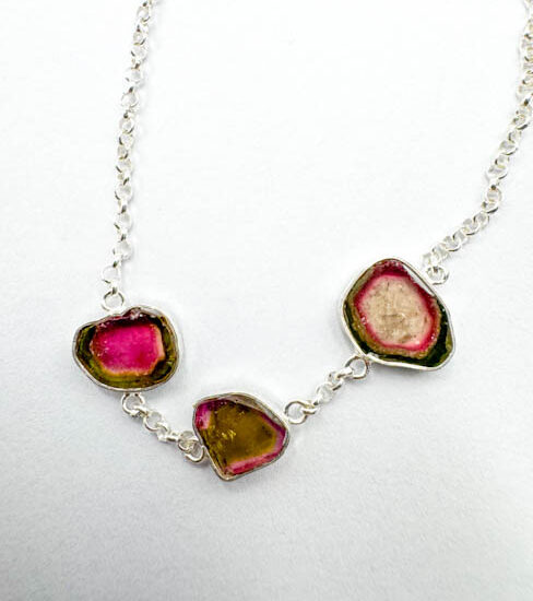 Watermelon Tourmaline 3-Stone Bracelets (Sterling Silver)