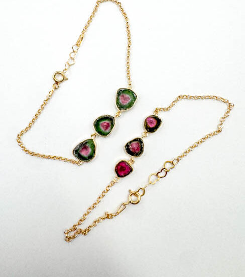 Watermelon Tourmaline 3-Stone Bracelets (Gold Plated 925 Silver)