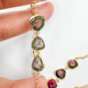 Watermelon Tourmaline 3-Stone Bracelets (Gold Plated 925 Silver)