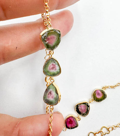 Watermelon Tourmaline 3-Stone Bracelets (Gold Plated 925 Silver)