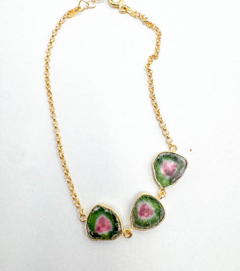 Watermelon Tourmaline 3-Stone Bracelets (Gold Plated 925 Silver)