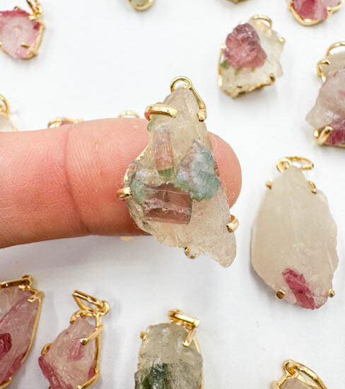 Multicolor Tourmaline on the Matrix Pendants (Gold Plated 925 Silver)